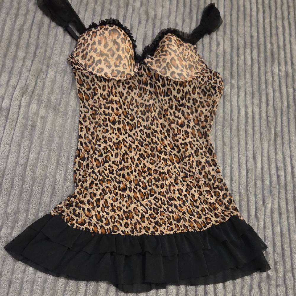 Wild Leopard Print Chemise with Black Ruffle